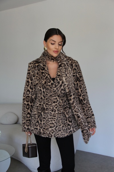 Julidress Двуредно кожено палто с подплата, с детайли от шал с леопардов принт и премиум дизайн