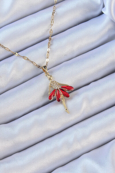 Skygo 316L Steel Chain Gold Color Red Skirted Ballerina Necklace with Zircon Stone - Tj-Bko9099