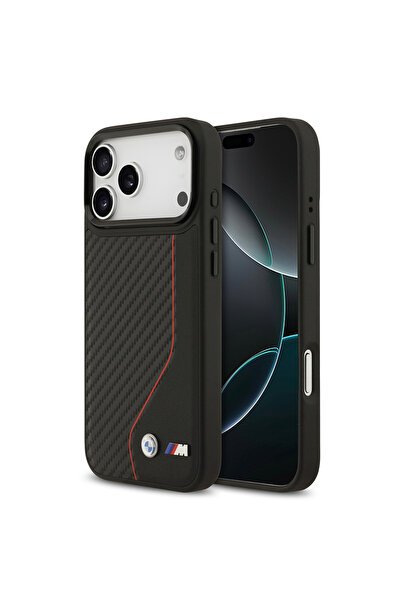 BMW iPhone 17 Pro Max Uyumlu Kılıf Lisanslı M-Safe Şarj Metal ve M Logolu Pu Karbon