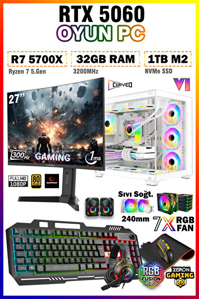 Zeiron W-Eagle X60 Pro White Ryzen 7 5700X 32GB 1TB M.2 RTX5060 27" 300Hz Sıvı Soğutmalı Oyun Bilgisayarı