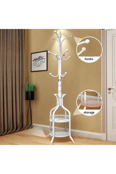 Un شماعة ملابس مع 2 رفوف وعدة خطافات للتخزين ابيض