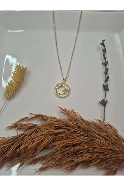 alias takı Altın Renk Ay Yıldız Kolye – Zirkon Taşlı Kadın Çelik Takı | Alias