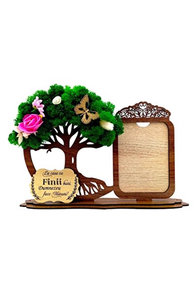 OEM Ramă foto,copacul vieții cu licheni și mesaj pentru fini, 30x18 cm, nuc