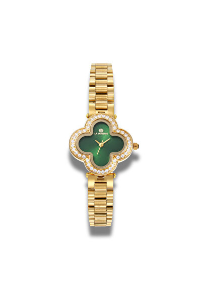 la vunton ساعة نسائية ذهبية فاخرة ميناء أخضر زمردي مرصعة بالزركون