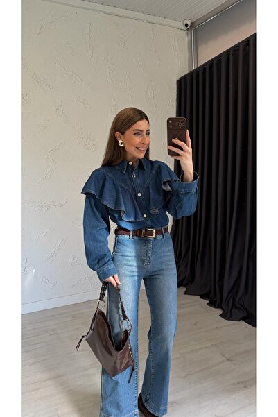 elif teke قميص دينم مكشكش باللون الأزرق