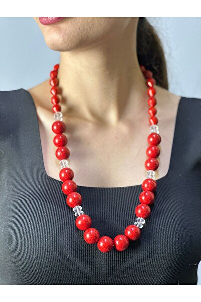 Gönülden Tasarım Red Bamboo Beaded Women's Necklace 32 cm