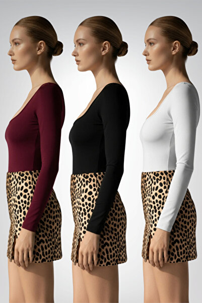 Thestiluxe Square Neck Stretch Fabric Long Sleeve Diver Fabric Basic Black White 3-Piece Bodysuit