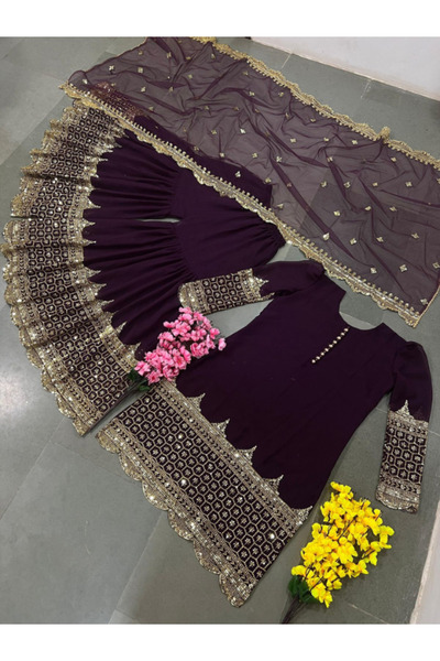 MYSMAR وشاح جورجيت صناعي كستنائي سلوار قميص - HRT3940 | كستنائي