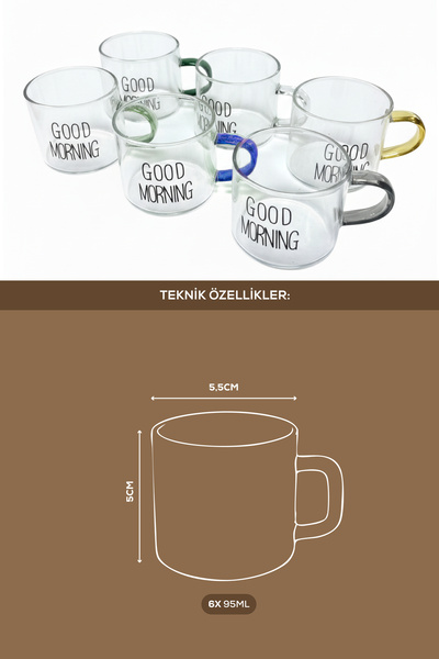 Vienev Set of 6 Glass Espresso Cups with Colorful Handles and Good Morning Written on Them - 95 ml