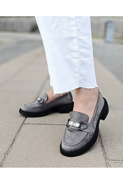 EVEREST SHOES Pantofi de damă din piele intoarsa gri cu catarama de piatra