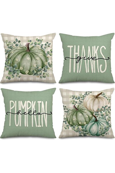 AnyDesign Fețe de pernă de toamnă cu model de dovleac verde salvie și frunze de eucalipt, 45 x 45 cm, 4