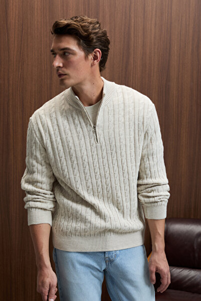 GRIMELANGE Ivar men's half-zip Mock Neck knitwear set with cable knit pattern in stone color