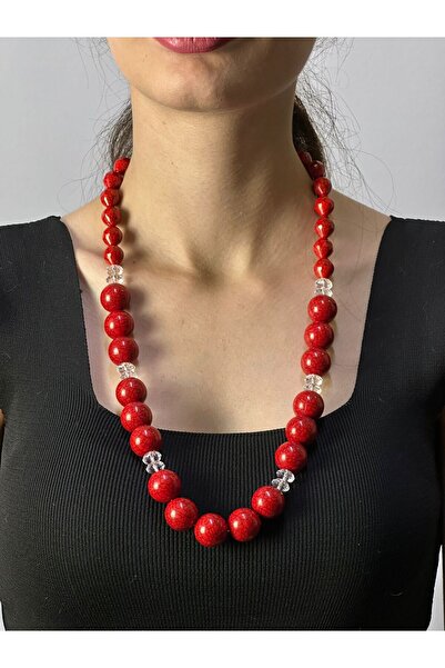 Gönülden Tasarım Red Bamboo Beaded Women's Necklace 32 cm