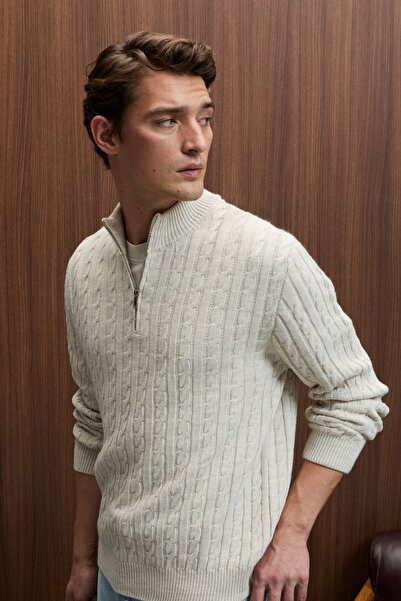 GRIMELANGE IVAR Erkek Yarım Fermuarlı Dik Yakalı Saç Örgü Desenli Triko Taş Rengi Kazak