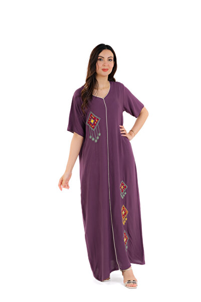 amaan Women's Traditional Embroidered Jalabiya, Cotton Rayon V-Neck Maxi Dress, Geometric Pattern,