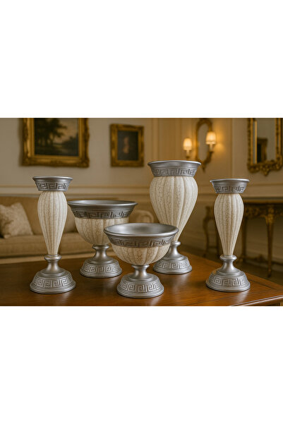CEMRE Krem Gümüş Polyester 5’li Salon Vazo Takımı