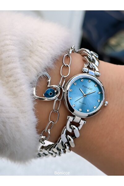 Ferrucci Kadın Saat, Mavi-Gümüş Çelik Zincir Kordon, Mini Kasa,Kalpli Bileklik Hediyeli, Şık Hediyelik Kutuda