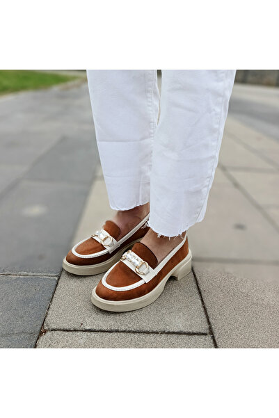 EVEREST SHOES Women's Tan Beige Detailed Suede Stone Buckle Loafer Shoes