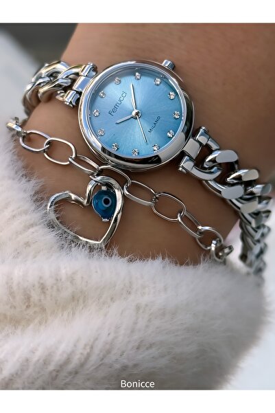 Ferrucci Kadın Saat, Mavi-Gümüş Çelik Zincir Kordon, Mini Kasa,Kalpli Bileklik Hediyeli, Şık Hediyelik Kutuda