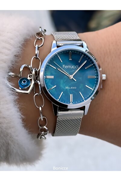 Ferrucci Women's Watch, Blue - Silver Steel Mesh Band, with Heart Bracelet Gift, in Stylish Gift Box