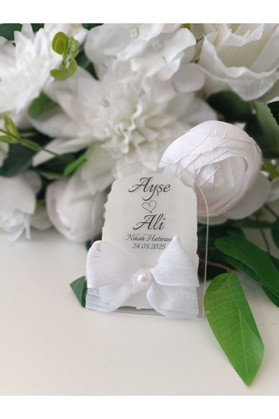 HOBİ Beyaz Kurdeleli Pleksi Magnet-Nikah Hediyelik-40 Adet