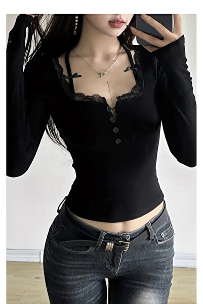 Köstebek Black Lace Wide Neck Strap Bow Long Sleeve Blouse