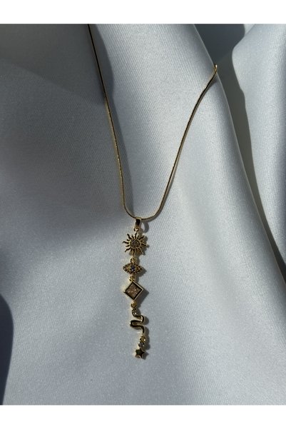 NB STEELORA Gold Color Zircon Stone Women's Steel Necklace with Sun and Moon Figures