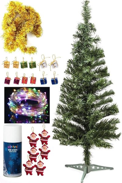 Bkmc 120 Cm Yılbaşı Çam Ağacı Seti 5 Metre Peri Led Işıklı Ve Yılbaşı Süsleri Paketi, Kar Spreyi