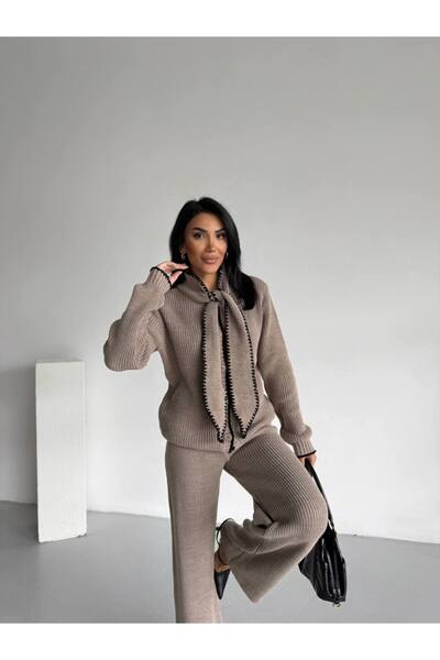 GİYSİ DÜNYASI 57 Knit Fabric Sweater with Kaşgol Look Detailed Sweater Pants 2-Piece Set