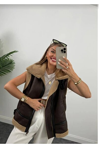 MODA Yakası içi kürklü oversize kalıp nubuk düşük kol yelek