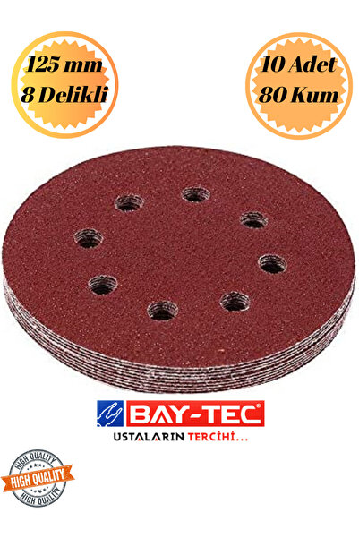 Mobilyap Baytec 10 Adet 80 Kum 8 Delikli 125 mm Cırt Zımpara Kağıdı El Zımpar...
