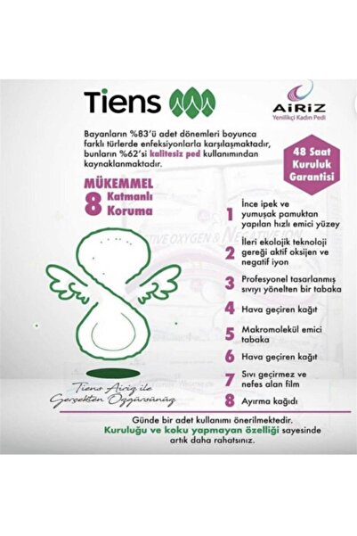 TİENS AİRİZ HİJYENİK PED Airiz Günlük Ped-3lü Set Negatif iyon Aktif Oksijenli 8 Katmanlı Kokuyu Önler Tam Organik
