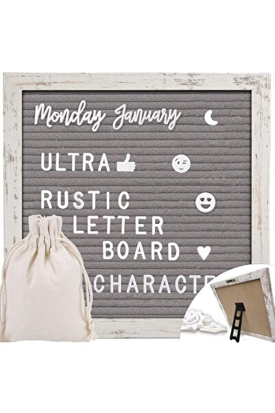 Generic Felt Letter Board with 25x25cm Rustic Wood Frame, White Letters, Pict...