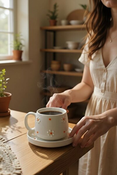 Barbarossa Pastel Daisy Patterned Ceramic Coffee Cup Set – Handmade Stylish Design