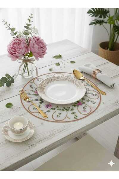 EVHOME 6 Adet Nakışlı Keten Amerikan Servis - Keten Supla ÖZEL LEKE TUTMAZ KUMAŞ