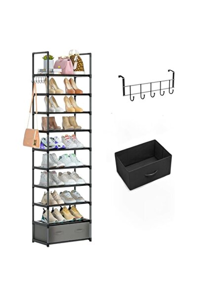 Generic رف أحذية ضيق من سليب هيد، مكون من 10 طبقات، منظم تخزين معدني مع صندوق تخزين وخطاف، يناسب مقاس 20-25 بوصة
