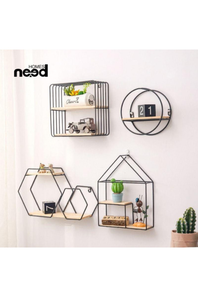 GESR HOME Decorative wall shelf in the shape of a house with a metal frame and wooden shelves