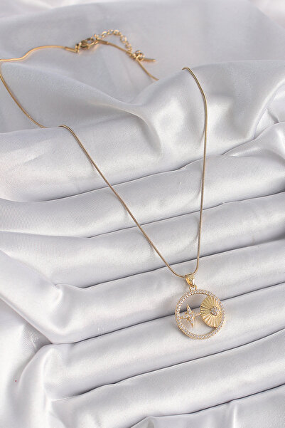 Skygo 316L Steel Gold Color Chain Zircon Stone Star Engraved Medallion Model Women's Necklace - Tj-Bko9636