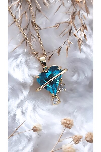 Serenity Blue Heart Steel Necklace with Saturn Ring