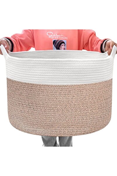 Generic سلة تخزين من حبل قطني من YEESON، مقاس 21.7 بوصة × 21.7 بوصة × 13.8 بوصة، سلة تخزين غسيل من حبل منسوج، بطانية