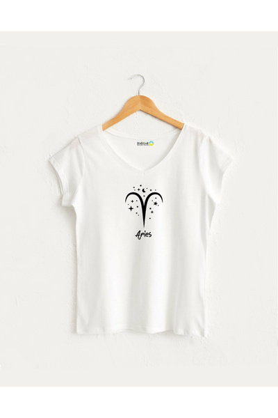 Kidilia Aries Zodiac Sign Designed Women's V-Neck 100% Cotton T-Shirt