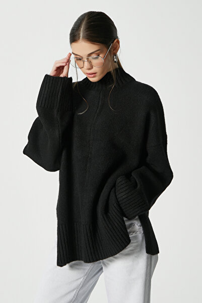 Ritnice Women's Wonder Soft Mock Neck Black Slit Oversized Knitwear Sweater