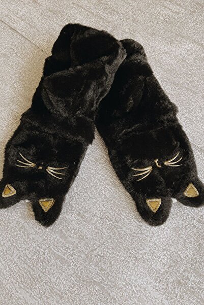 EMKSHOP Plush Cat Embroidered Gloves with Open Fingers and Fur Inside