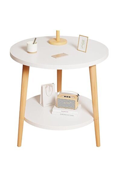 Generic طاولة جانبية صغيرة مستديرة حديثة من MOMENT، 48 × 52 سم، طاولة مستديرة من طبقتين مع رف تخزين لغرفة المعيشة