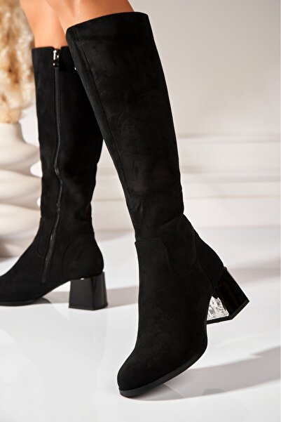 Joana Cizme cu toc Shadia din piele întoarsă neagră, din piele ecologică