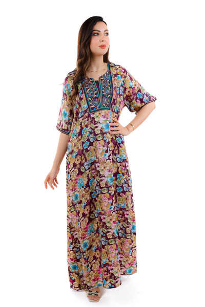 amaan Women Floral Jalabiya Dress, Modern Arabic style design with Embroidered Neckline, Sand Crepe Fabric
