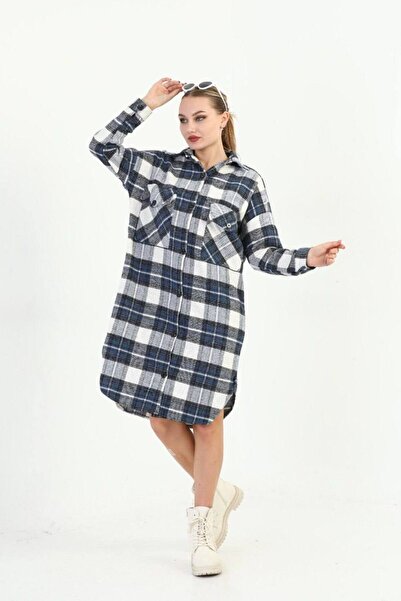 Polologin Butik Mornarsko plava i bela zimska drvena tkanina Košulja-haljina