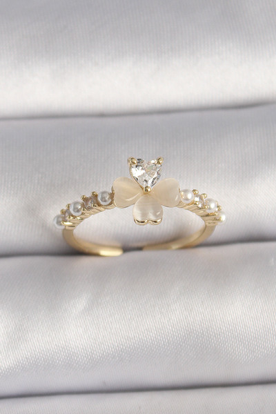 Skygo Brass Silver Color Zircon Stone White Enamel Clover Model Pearl Detail Adjustable Ring - Tj-Byk3551