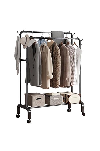 Generic رف ملابس مزدوج القضبان من بايبي مع عجلات، رف ملابس لتعليق الملابس، 4 خطافات، متعدد الوظائف