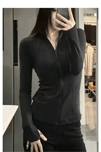 Köstebek Plain Black Zippered Cardigan with Finger Detail